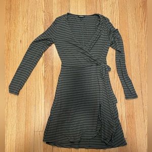 Express Olive Green Striped Long-Sleeve Wrap Dress - Size XS